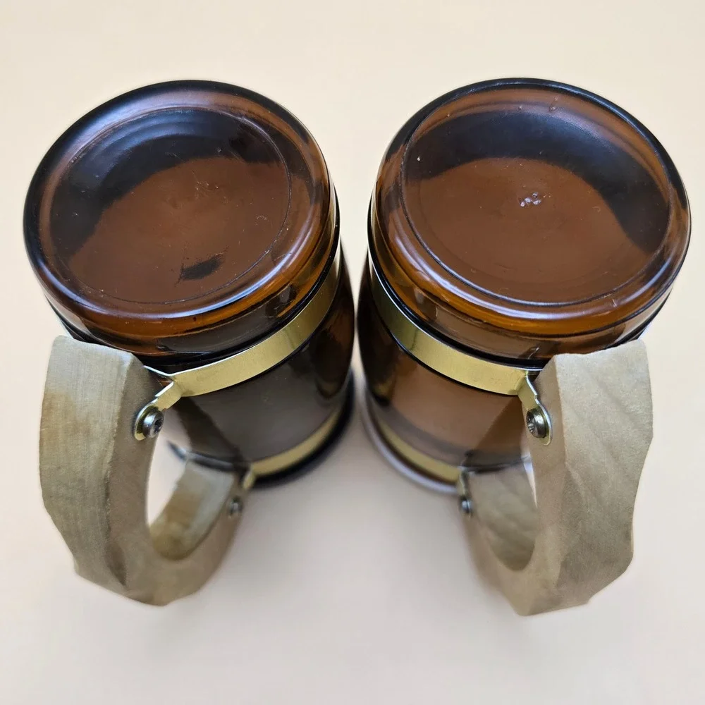 Vintage Amber Glass Beer Stein Salt and Pepper Shakers Wood Handle Gold Trim Set